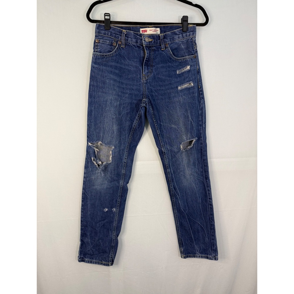 Levis 502 Regular Taper‎ Boys Size 14 Reg Blue Distressed Ripped Jeans W27 L27